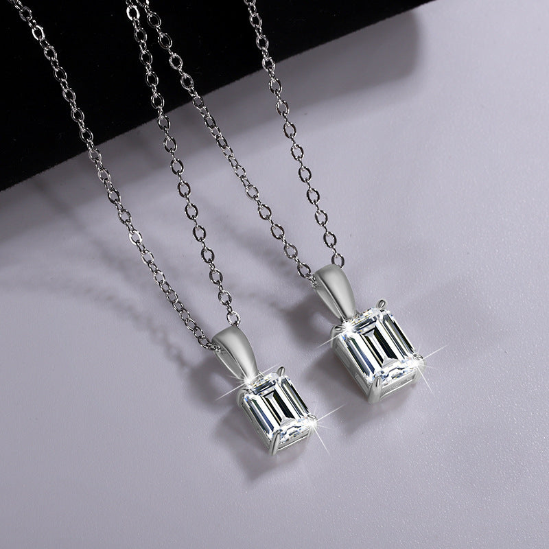 Cross-border new arrival S925Pure Silver Moissanite Diamond Light Luxury High-End Feel Emerald Cut Rectangular Pendant Collarbone Chain Wholesale