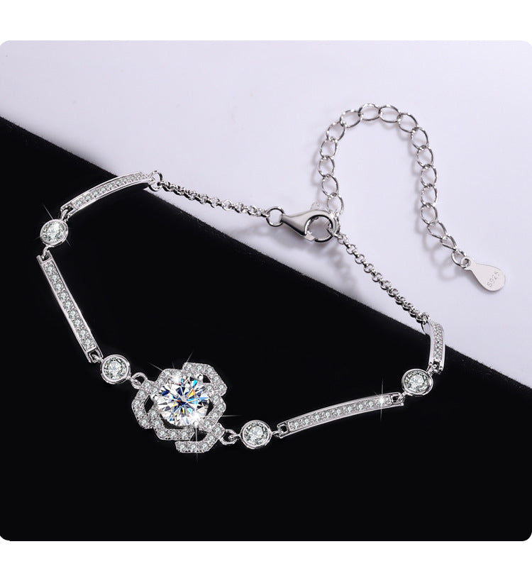 S925Silver Moissanite Rose Bracelet Moissanite Camellia Simple Style TikTok Kuaishou Live Streaming Factory Direct Sale