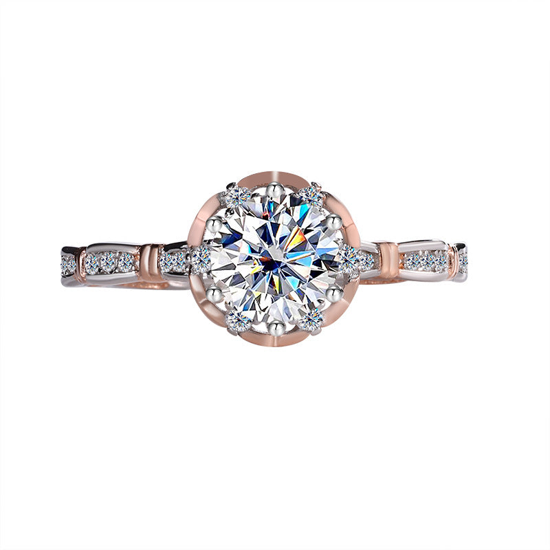 Europe and america cross border S925Sterling Silver Moissanite Princess Rose Handheld Flower Diamond Ring Six-Prong Luxury Cluster Setting Color-Blocked Women's Ring
