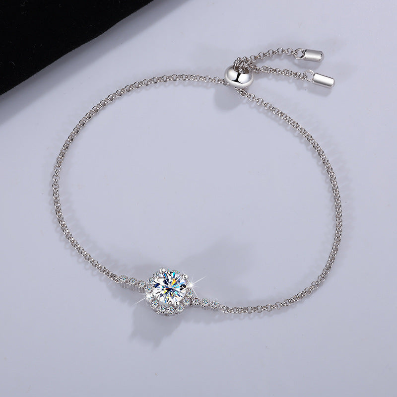 S925Sterling Silver Moissanite Round Bracelet Fashion Simple Small Daisy Bangle for Women Adjustable Size Factory Wholesale