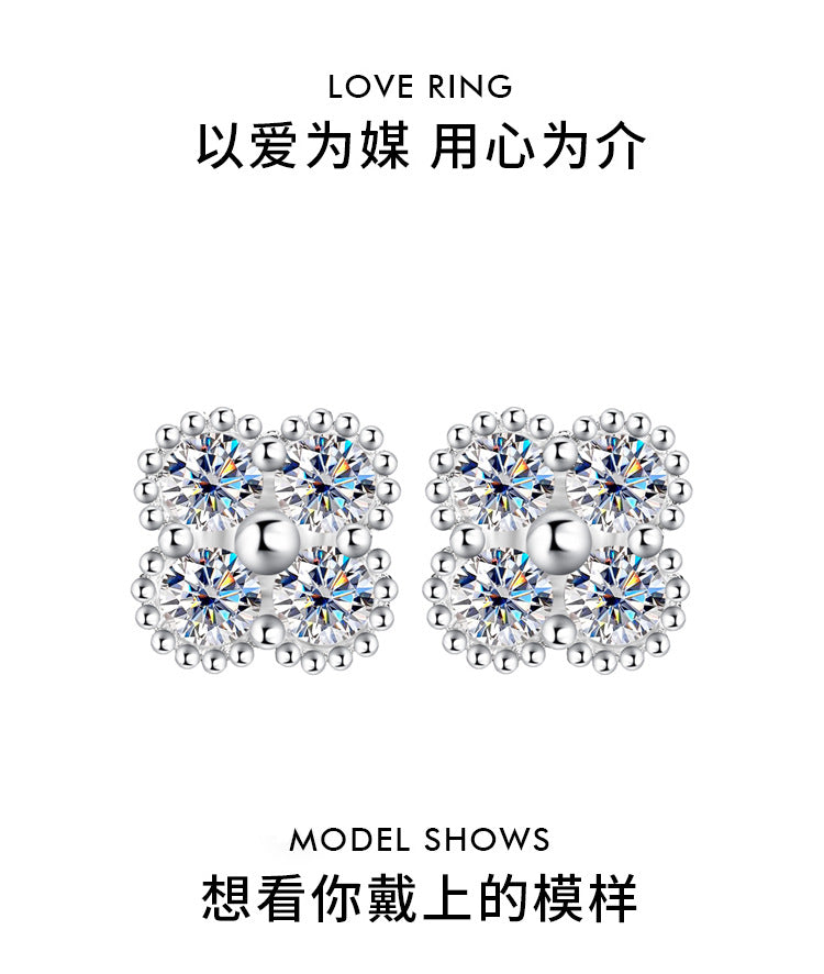 S925Sterling Silver Moissanite Clover Earrings for Women, Light Luxury Niche High-end Flower Full Diamond Xiaohongshu Hot Style