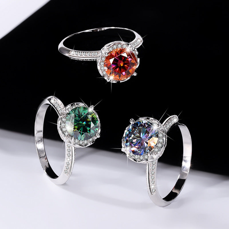Exclusive for cross-border S925Silver Rose Fountain Colorful Moissanite Ring for Women Pure Silver Platinum Diamond Imitation Diamond Wholesale