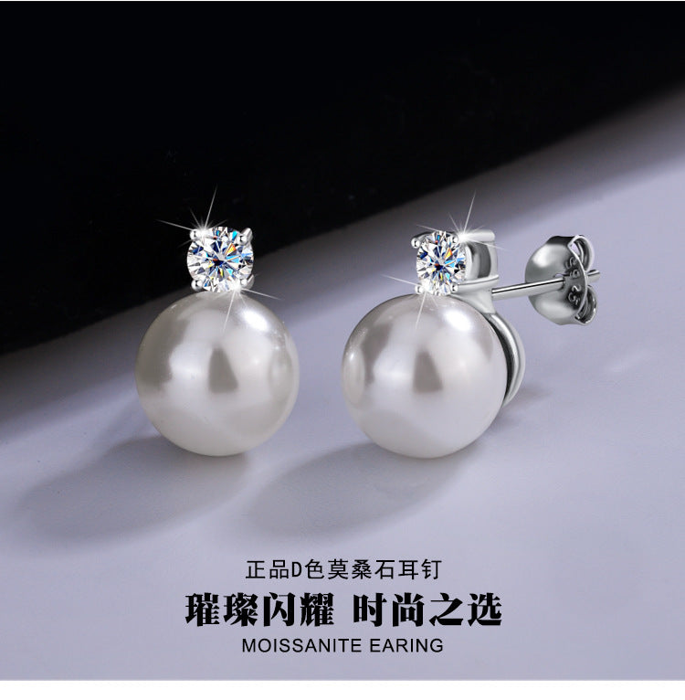Cross-Border S925Silver Four-Prong Moissanite Inlaid Pearl Earrings Pearl Jewelry Internet Celebrity Fashion Versatile Earrings for Women