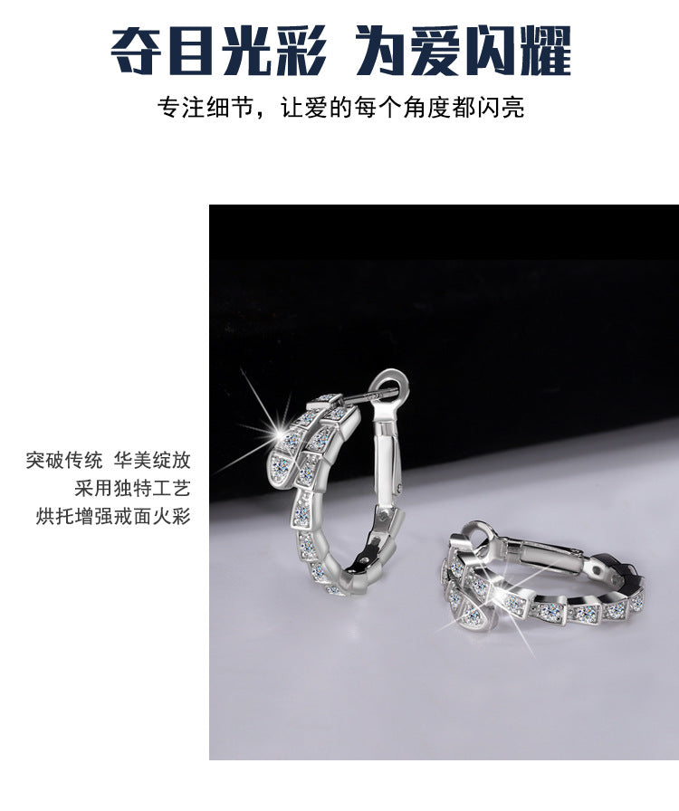 S925Pure Silver Full Moissanite Snake-Shaped Earrings for Women, Moissanite Stone, Light Luxury Fashion, High-End Feel, Ear Clips, Factory Wholesale