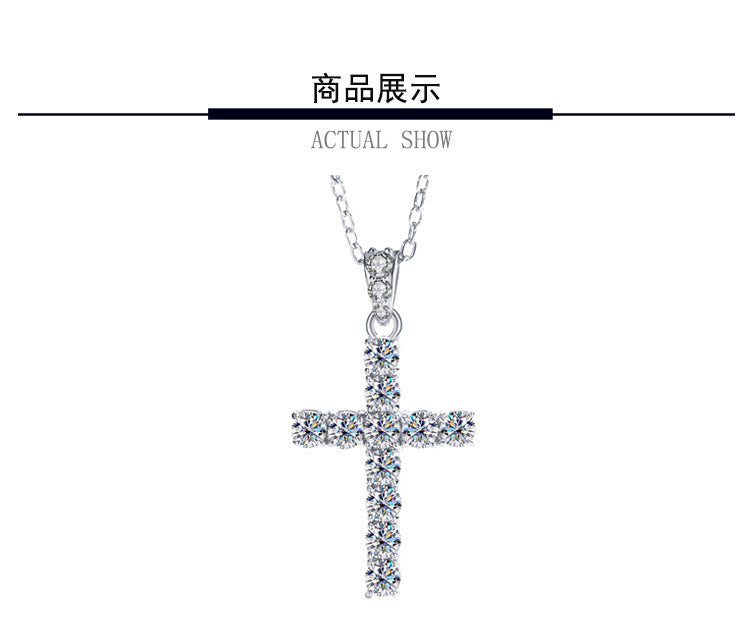 Exclusive for cross-border S925Sterling Silver Cross Necklace for Women with Moissanite Diamond Pendant, Popular Collarbone Chain for Live Streaming Wholesale