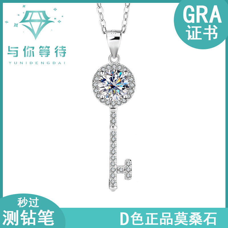 s925Sterling Silver Key Necklace Silver Pendant Moissanite Women's Classic Fashion Collarbone Chain In Stock Wholesale Jewelry