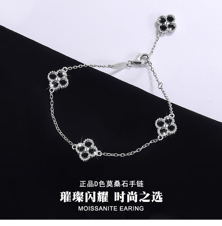 Cross-Border S925Silver Black Moissanite Four-leaf Clover Bracelet Moissanite Simple High-end Women's Bracelet Factory Direct Sale