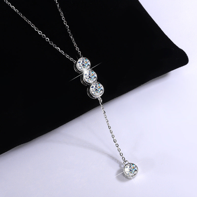 Cross-Border S925Pure Silver Tassel Necklace for Women with Moissanite Diamond Pendant, Simple and Luxurious Versatile Collarbone Chain, Wholesale from Manufacturer