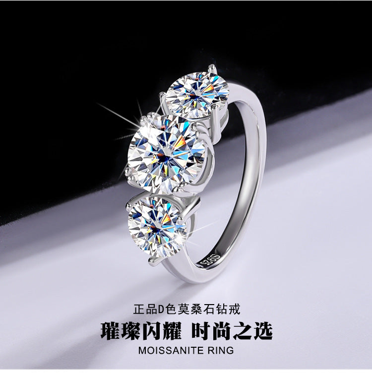 Cross-Border Europe and America S925Silver Moissanite Three Lives Stone4Carat Ring Fashion Light Luxury Style Women's Wedding Ring Wholesale