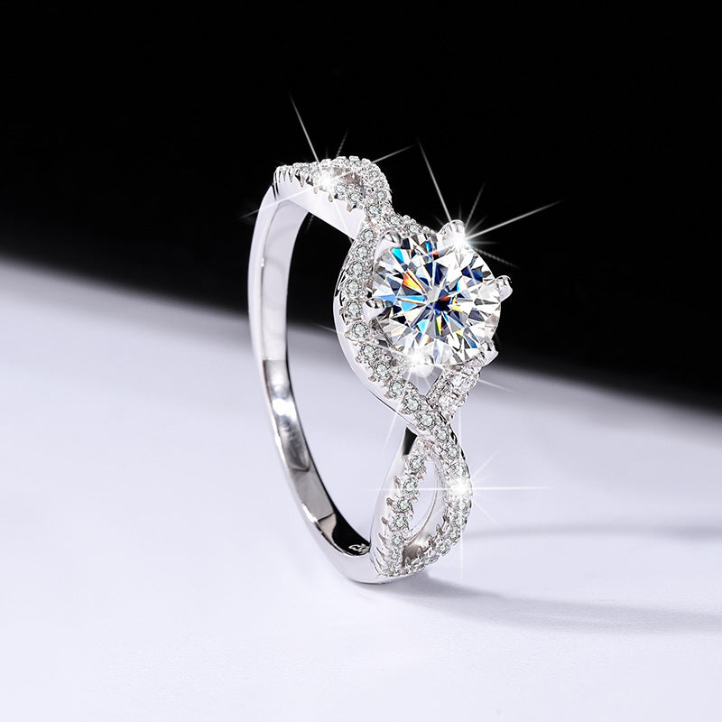 Factory Direct Sale Pure Silver Ring for Women with Moissanite Twist Arm Halo Diamond Ring One Carat Adjustable Women's Live Streaming Source Exquisite