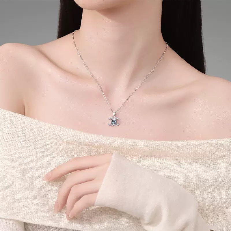 Exclusive for cross-border S925Pure Silver Moissanite Small Chanel Style Pair C Pendant High-End Versatile Full Diamond Necklace Factory Wholesale