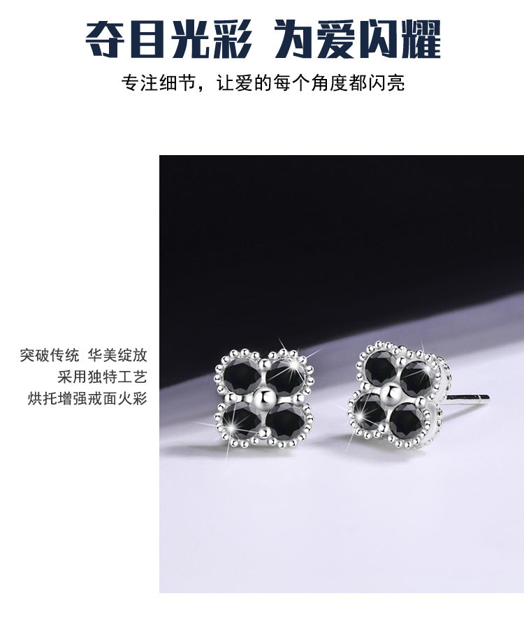 Cross-border hot S925Sterling Silver Black Moissanite Four-Leaf Clover Earrings Light Luxury High-End Jewelry Flower Full Diamond Wholesale