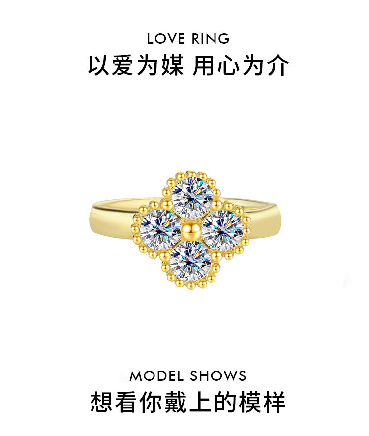 Exclusively for Europe and America S925Sterling Silver Moissanite Four-Leaf Clover Ring Full Diamond Moissanite High-End Women's Ring Factory Wholesale