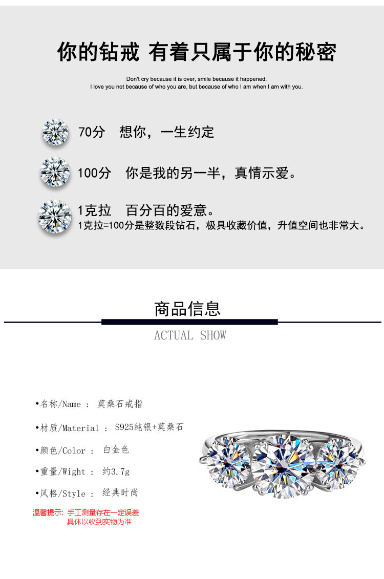 Cross-Border Europe and America S925Silver Moissanite Three Lives Stone4Carat Ring Fashion Light Luxury Style Women's Wedding Ring Wholesale