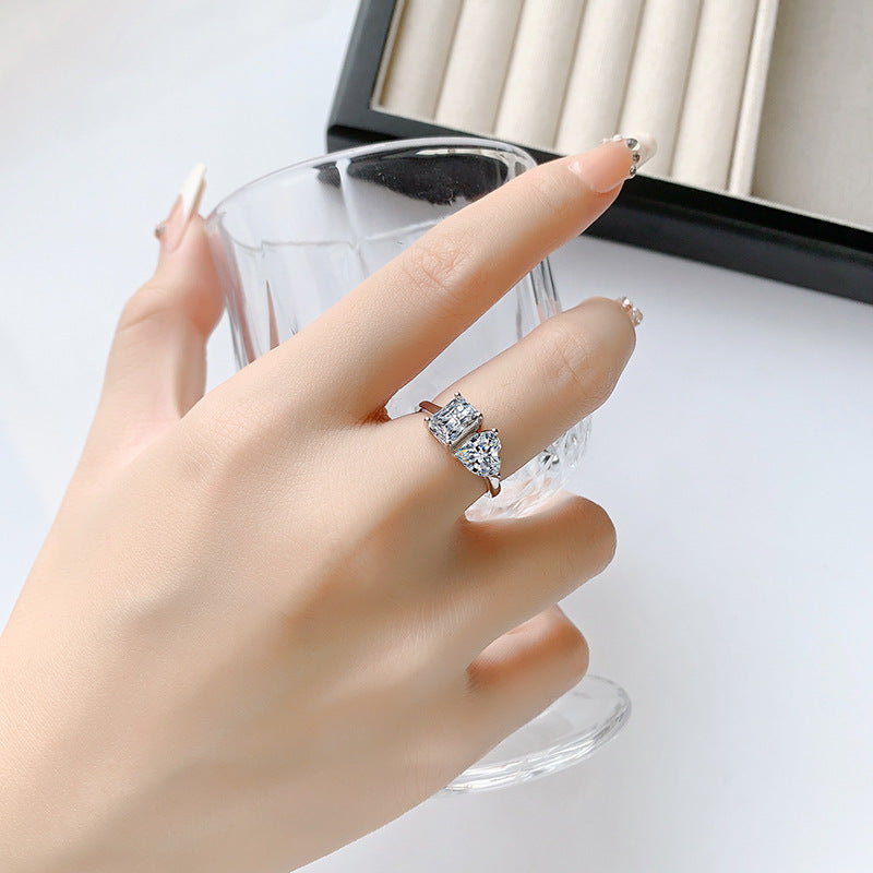 Cross-border European and American Live Streaming925Pure Silver Moissanite Classic1Carat Ring Irregular Moissanite Asymmetric Women's Ring