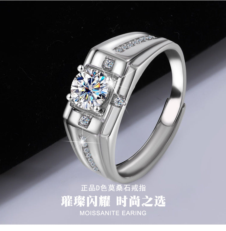S925Sterling Silver Moissanite Ring Platinum Plated Knight Men's Ring One Carat Simple Elegant Men's Wedding Ring Factory Wholesale
