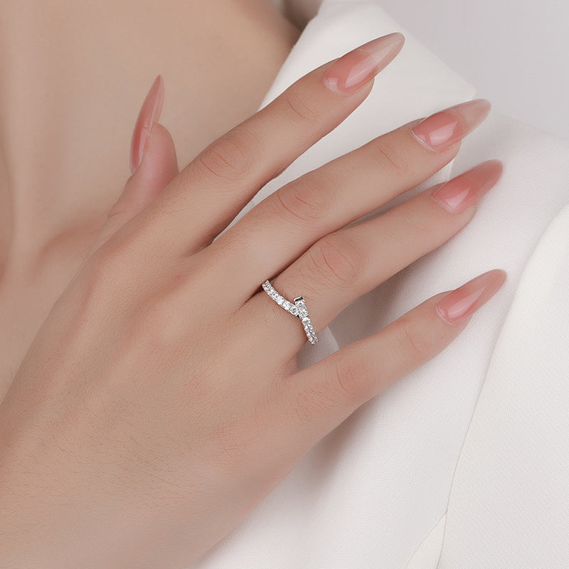 Cross-Border S925Sterling Silver Ring for Women Asymmetric Cross Row Diamond Style High-end Simple Stacking Ring Wholesale