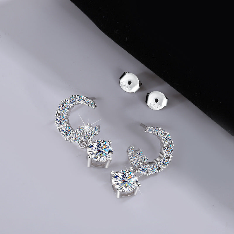 Best seller in europe and america S925Sterling Silver Moissanite Small Moon Earrings Simple Studs Inlaid with Diamonds Light Luxury Earrings Factory Wholesale