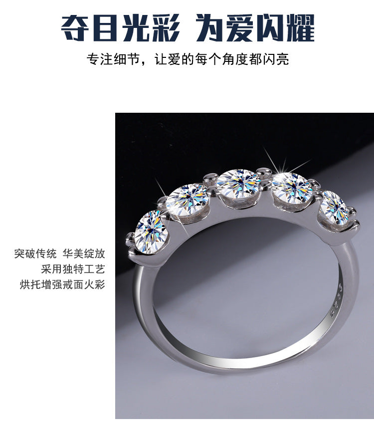 Cross-border foreign trade S925Silver Moissanite Five-Star Princess Row Ring Simple Fashion Moissanite Diamond Ring for Women Factory Wholesale
