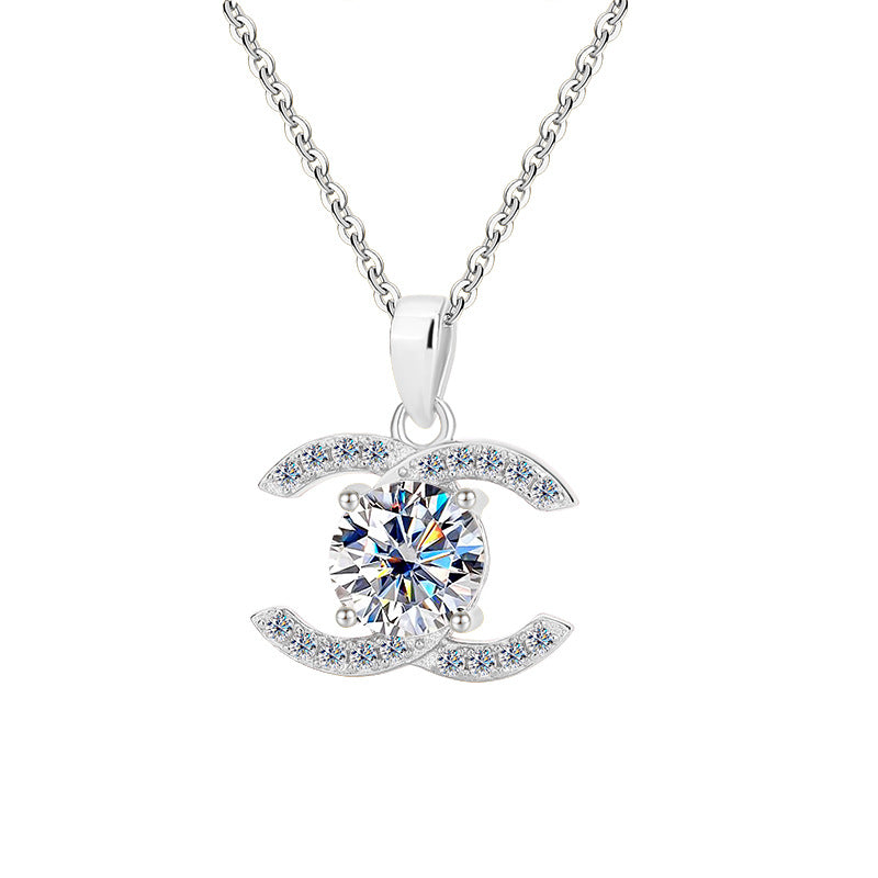 Europe and america cross border S925Pure Silver Moissanite Double C Pendant Chanel Style Elegant Versatile Full Diamond Necklace Factory Wholesale