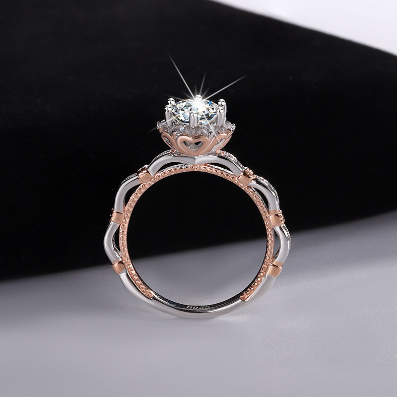 Europe and america cross border S925Sterling Silver Moissanite Princess Rose Handheld Flower Diamond Ring Six-Prong Luxury Cluster Setting Color-Blocked Women's Ring