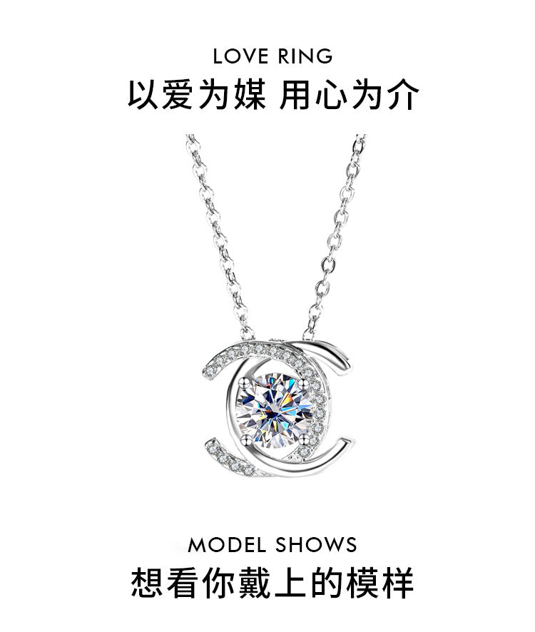 S925Sterling Silver Double C Xiaoxiangjia Necklace Moissanite Diamond Pendant Single Diamond Simple Luxury Versatile Collarbone Chain Wholesale