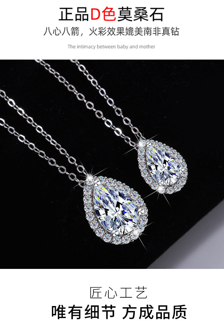 Cross-border hot selling S925Sterling Silver Water Drop Pendant Moissanite Pear Necklace for Women Simple Collarbone Chain Factory Wholesale