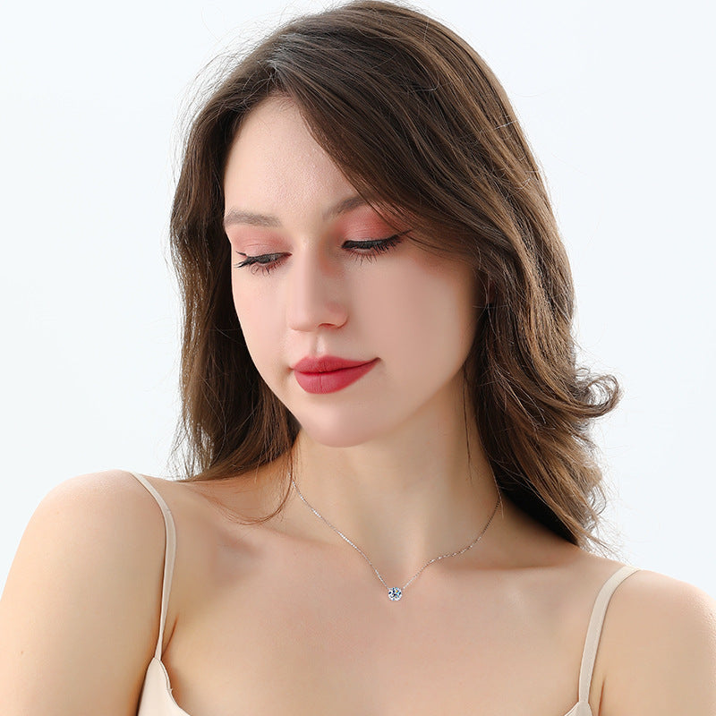 S925Sterling Silver Moissanite Classic Four-Prong Necklace for Women Plated PT 950Moissanite Light Luxury Collarbone Chain Live Streaming Hot Item