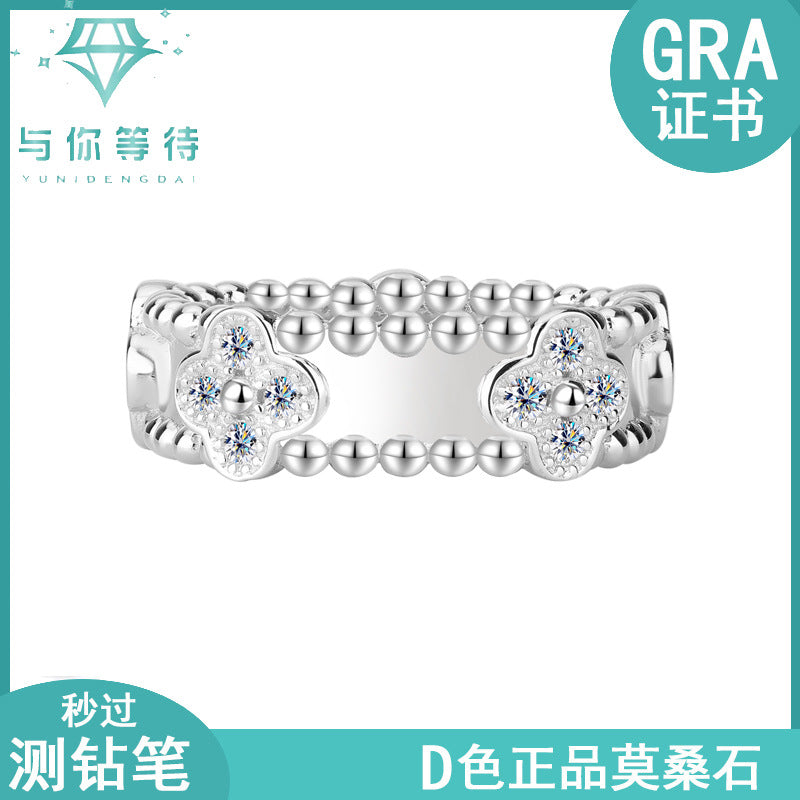 Cross-border hot selling S925Silver Full Diamond Moissanite Kaleidoscope Four-Leaf Clover Ring High-End Fashion Ring Factory Wholesale