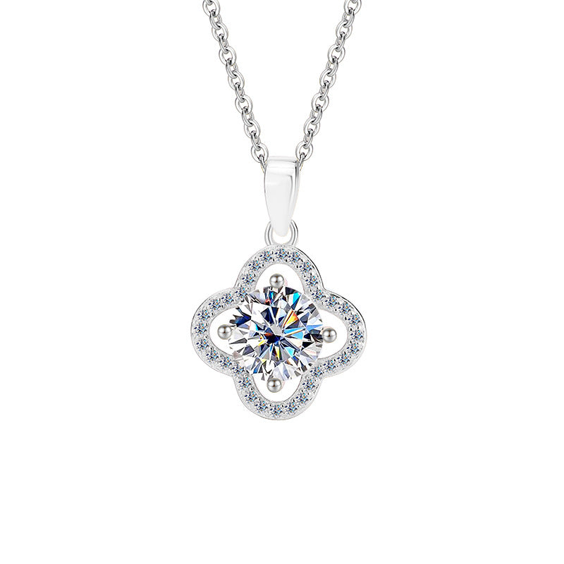 S925Pure Silver Moissanite Flower Necklace Four-Leaf Clover Pendant Light Luxury High-End Moissanite Collarbone Chain Factory Wholesale