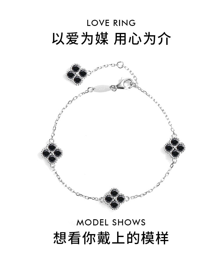 Cross-Border S925Silver Black Moissanite Four-leaf Clover Bracelet Moissanite Simple High-end Women's Bracelet Factory Direct Sale