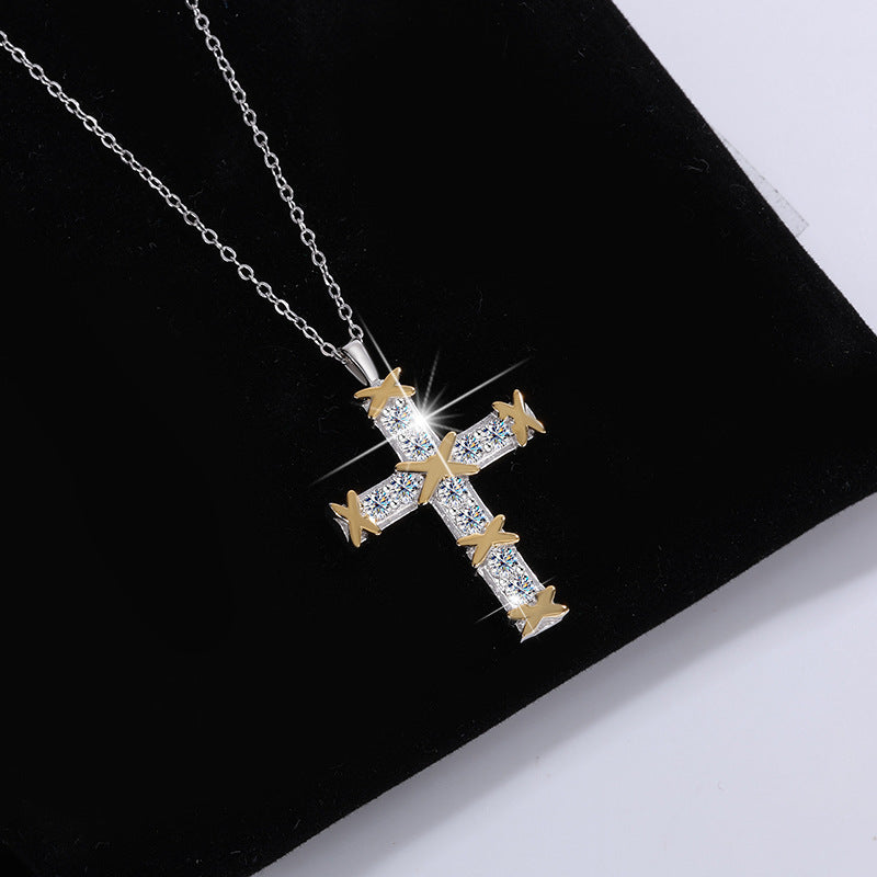 Cross-Border S925Sterling Silver European and American Fashion High-End Full Diamond Cross Moissanite Necklace for Women Collarbone Chain Factory Direct Sale