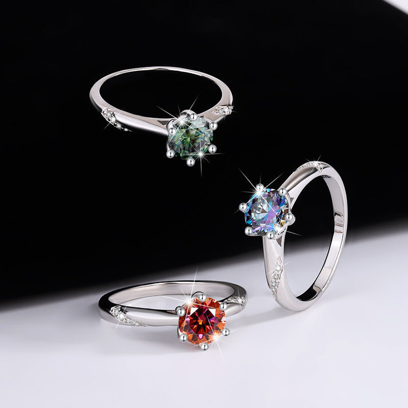 S925Silver Color Moissanite Diamond Psychic Style Six-Claw Wedding Pure Silver Ring Moissanite Stone Open Adjustable Women's Ring Direct from Manufacturer