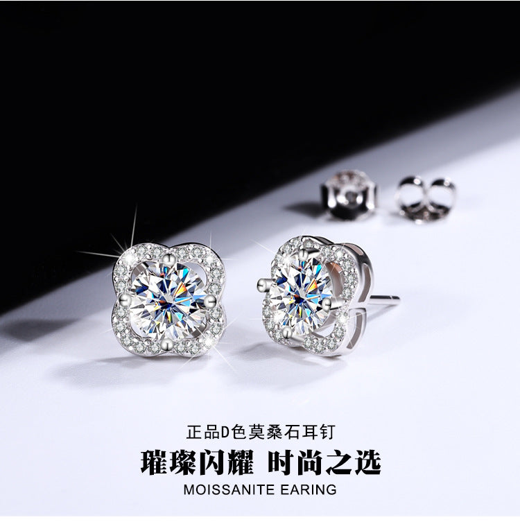 S925Pure Silver Moissanite Four-Leaf Clover Original High-End Earrings Cluster Full Diamond Elegant Simple Women's Earrings Wholesale