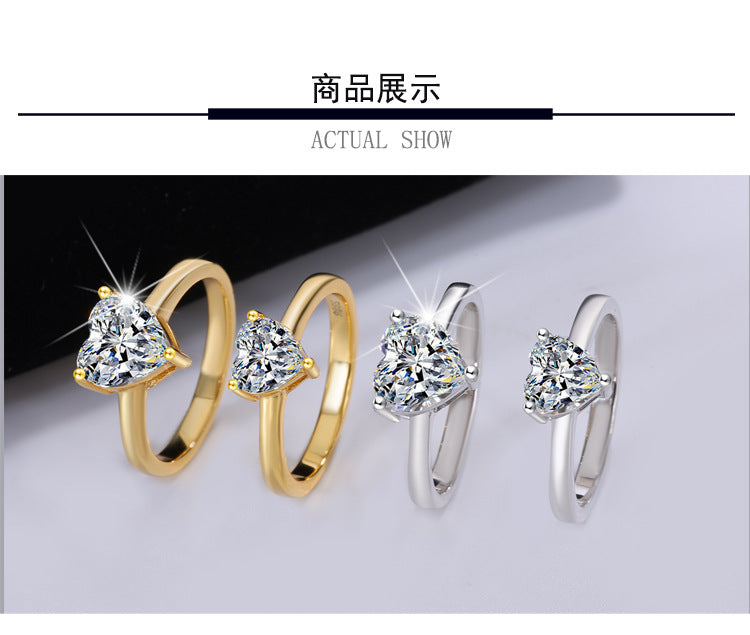 Cross-Border Direct Sales S925Sterling Silver Heart Moissanite Ring Fashion Classic Heart-Shaped Moissanite Women's Ring Factory Wholesale