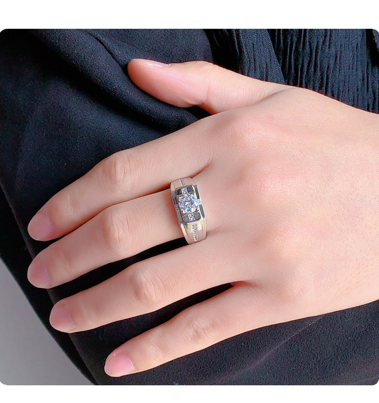 S925Sterling Silver Moissanite Ring Platinum Plated Knight Men's Ring One Carat Simple Elegant Men's Wedding Ring Factory Wholesale