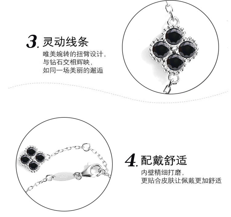 Cross-Border S925Silver Black Moissanite Four-leaf Clover Bracelet Moissanite Simple High-end Women's Bracelet Factory Direct Sale