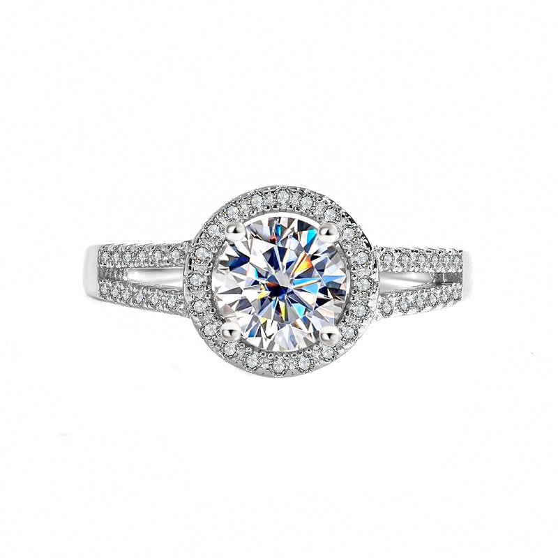 S925Sterling Silver Moissanite Round Bag Ring for Women, One Carat Fashion Classic Ring, Live Streaming Source