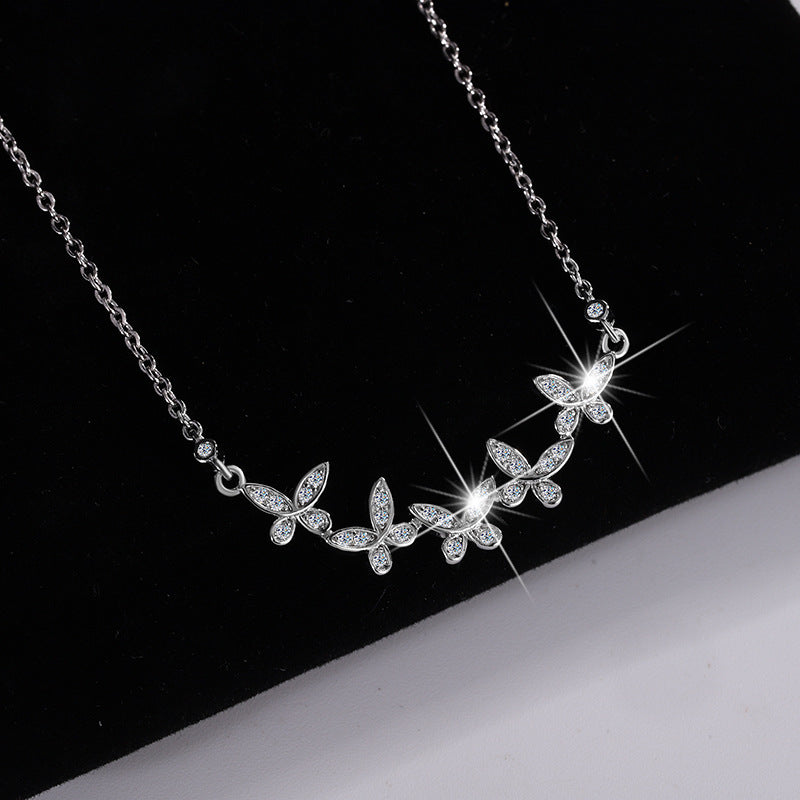 Cross-border hot selling S925Sterling Silver Butterfly Clover Full Diamond Moissanite Necklace for Women Collarbone Chain Clover Sweater Chain