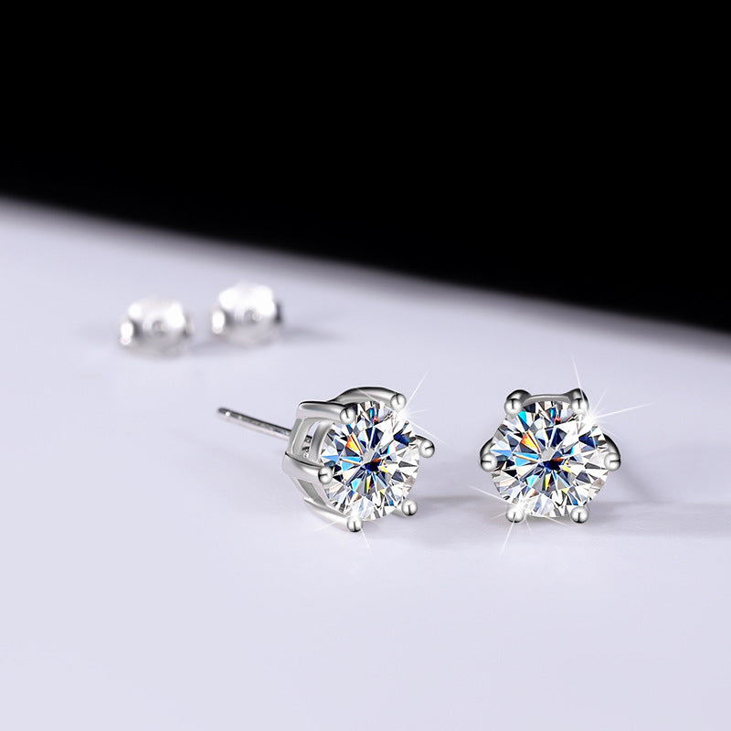 s925Genuine Moissanite Six-Prong Earrings1Carat Temperament Simple Moissanite Gift Earrings Live Streaming Source