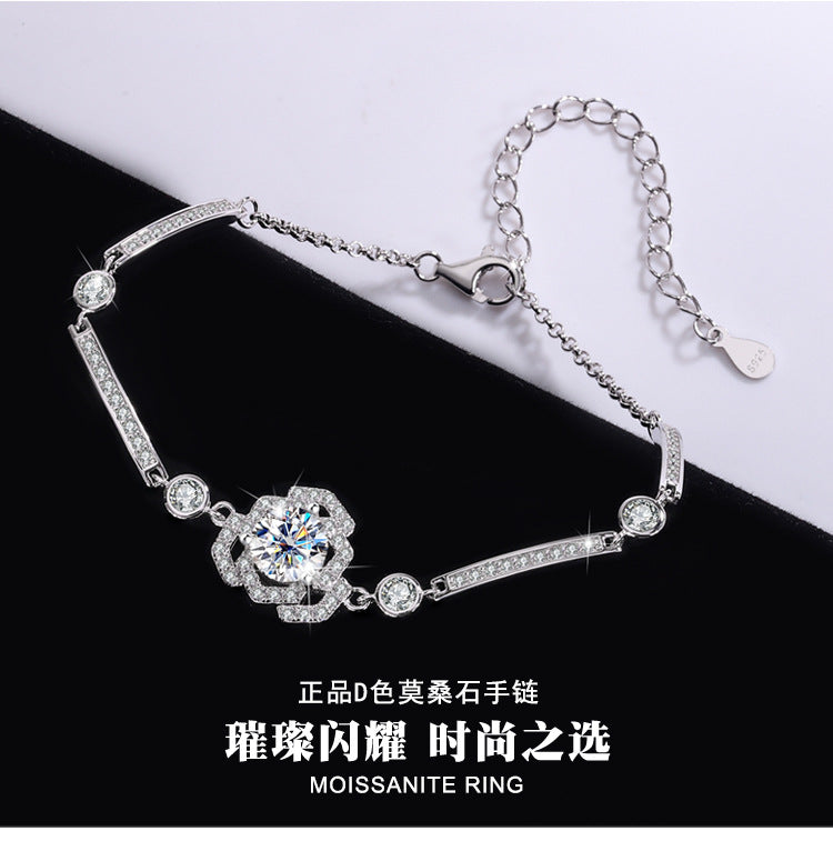 S925Silver Moissanite Rose Bracelet Moissanite Camellia Simple Style TikTok Kuaishou Live Streaming Factory Direct Sale