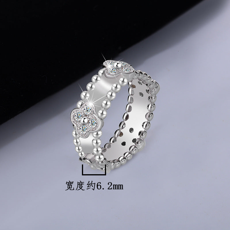 Cross-border hot selling S925Silver Full Diamond Moissanite Kaleidoscope Four-Leaf Clover Ring High-End Fashion Ring Factory Wholesale