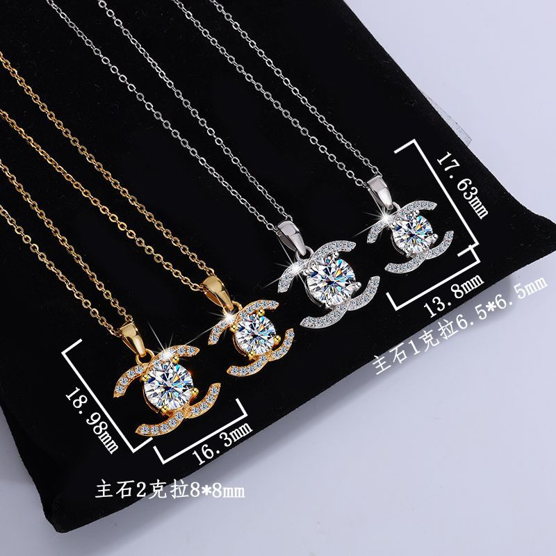 Europe and america cross border S925Pure Silver Moissanite Double C Pendant Chanel Style Elegant Versatile Full Diamond Necklace Factory Wholesale