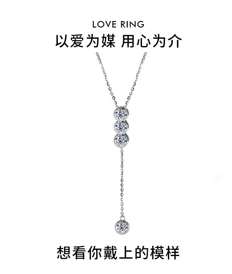Cross-Border S925Pure Silver Tassel Necklace for Women with Moissanite Diamond Pendant, Simple and Luxurious Versatile Collarbone Chain, Wholesale from Manufacturer