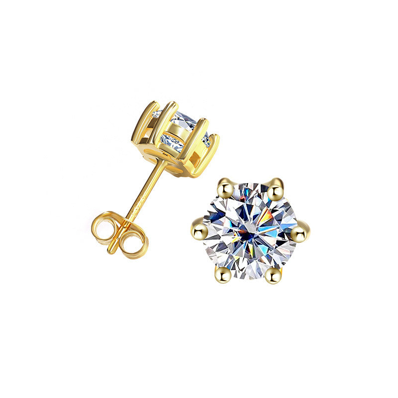 Cross-Border925Sterling Silver Gold Plated Moissanite Six-Prong Earrings1Clamosanite Gift Earrings Factory Wholesale