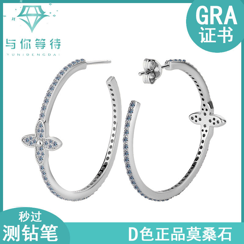 S925Pure Silver Moissanite European and American Style Flower Large Hoop Earrings Elegant Hoop High-end French Earrings Manufacturer Wholesale