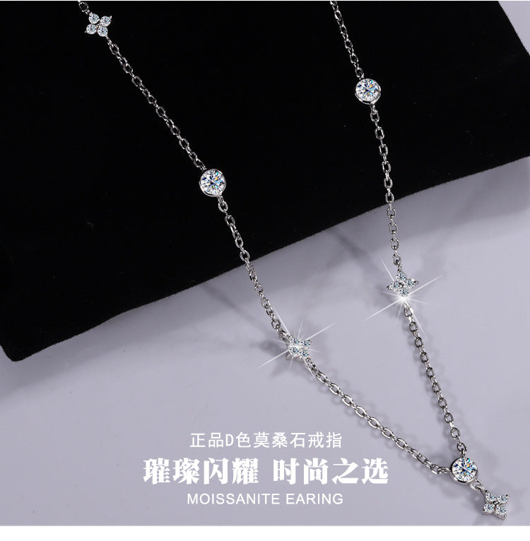 Cross-border hot S925Sterling Silver Four-Leaf Clover Women's Necklace Moissanite Diamond Pendant Light Luxury Minimalist Style Internet Celebrity Collarbone Chain