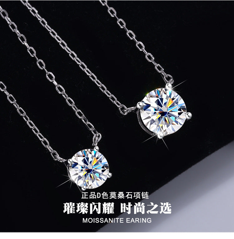 S925Sterling Silver Moissanite Classic Four-Prong Necklace for Women Plated PT 950Moissanite Light Luxury Collarbone Chain Live Streaming Hot Item