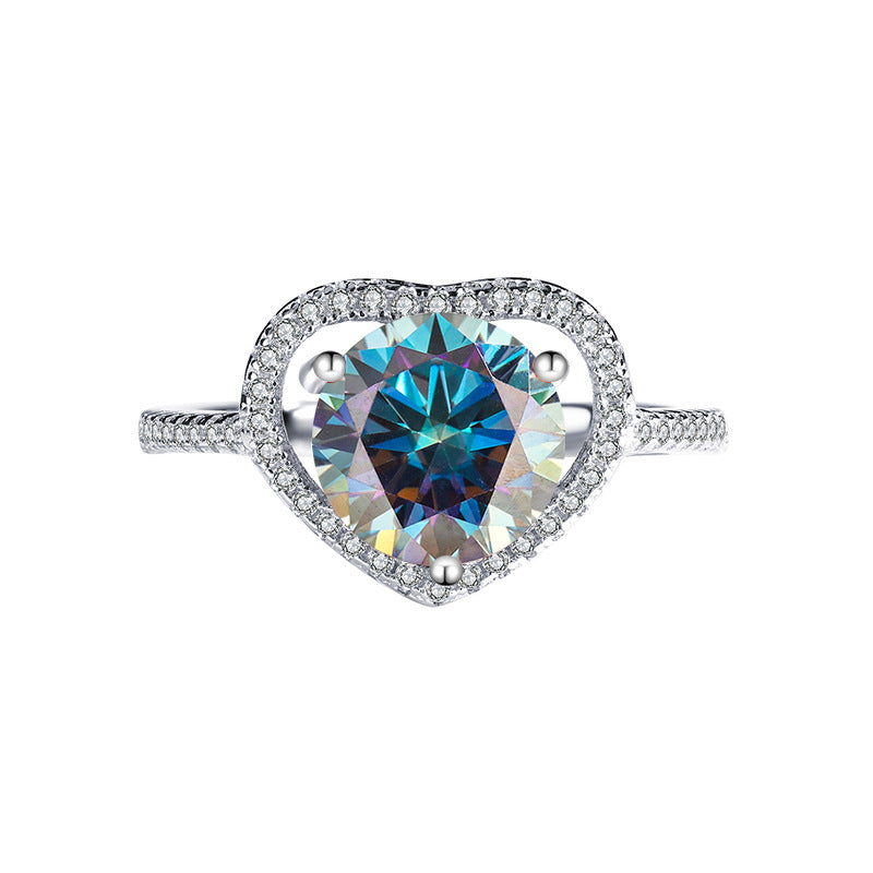Exclusive for cross-border S925Silver Heart Women's Ring Colorful Moissanite Ring Women's Pure Silver White Gold Diamond Simulated Diamond Wholesale