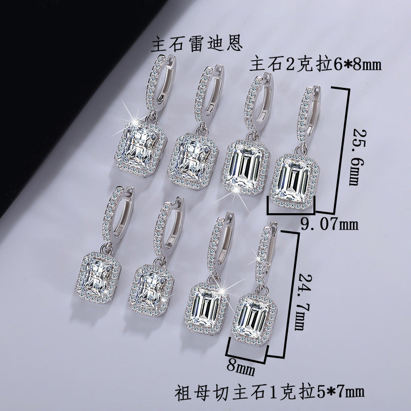 Cross-border Hot Selling Moissanite Earrings S925Silver Grandmother Cut Earrings with Luxurious Inlay High-Grade Moissanite Studs Factory Wholesale
